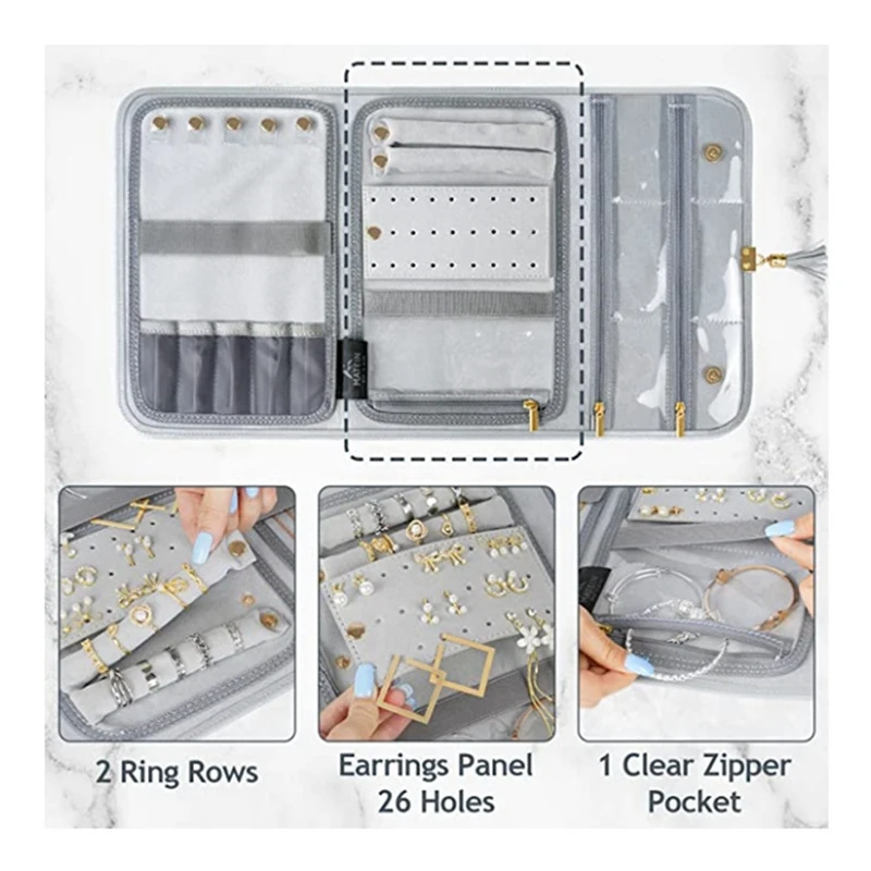 Travel Jewelry Organizer Case, Foldable Waterproof Jewelry Roll, Women Jewelry Bag For Earrings, Rings, Necklaces Easy Install