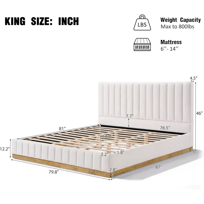 King Upholstered Bed with Headboard Solid Wood Modern Floating Bed Frame with Upholstered Headboard and Slats Support No Box