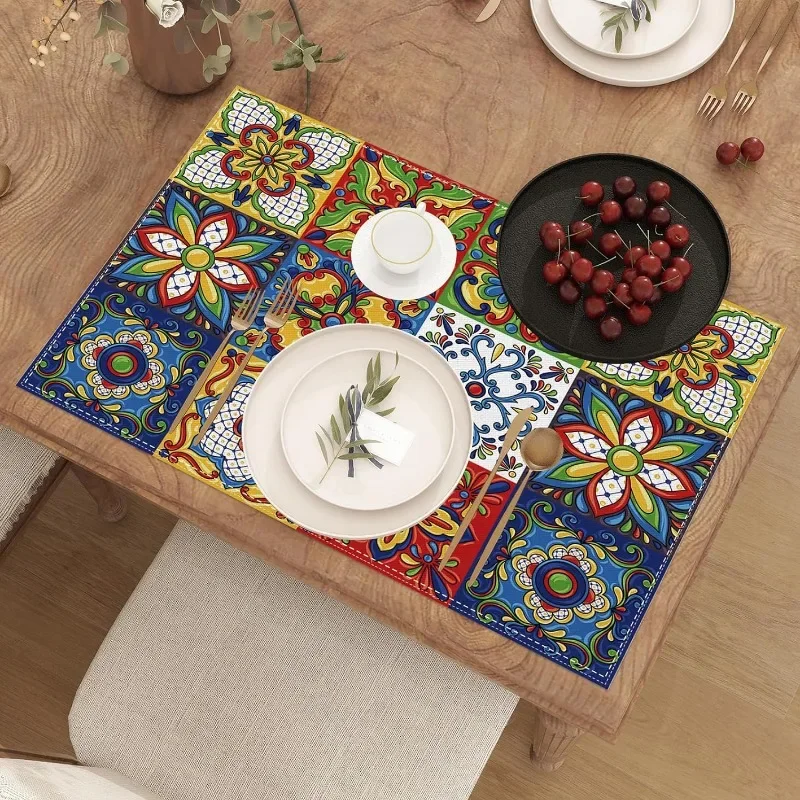 1PC Mexican Talavera Ceramic Tile Printed Placemats Washable Placemats Are Suitable for Kitchen Party Restaurants
