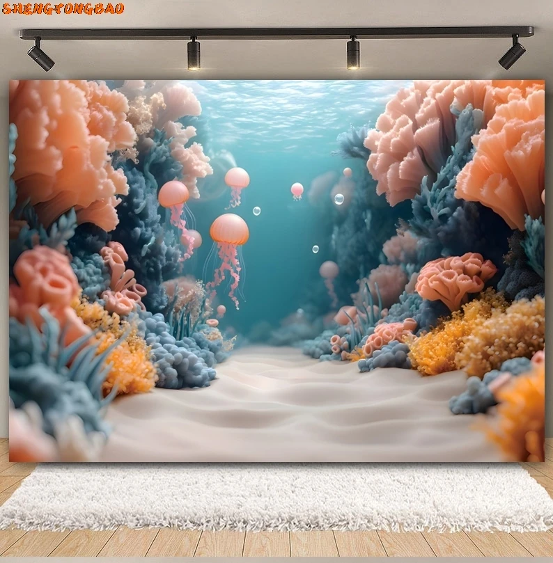 Ocean Theme Backdrop For Photography Ocean Undersea World Jellyfish Coral Little Mermaid Dolphin Background Decor Photo Studio