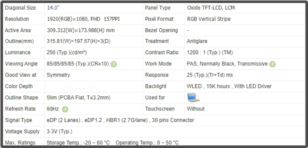 LM140LF7L01 14 inch LCD Display Laptop Screen IPS Panel FHD 1920x1080 Non-touch