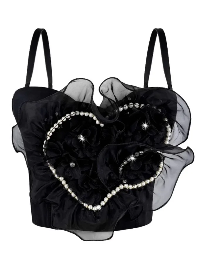 

Elegant heart-shaped pearl-trimmed organza camisole bra, playful high-end lace vest corset, retro high-end corset
