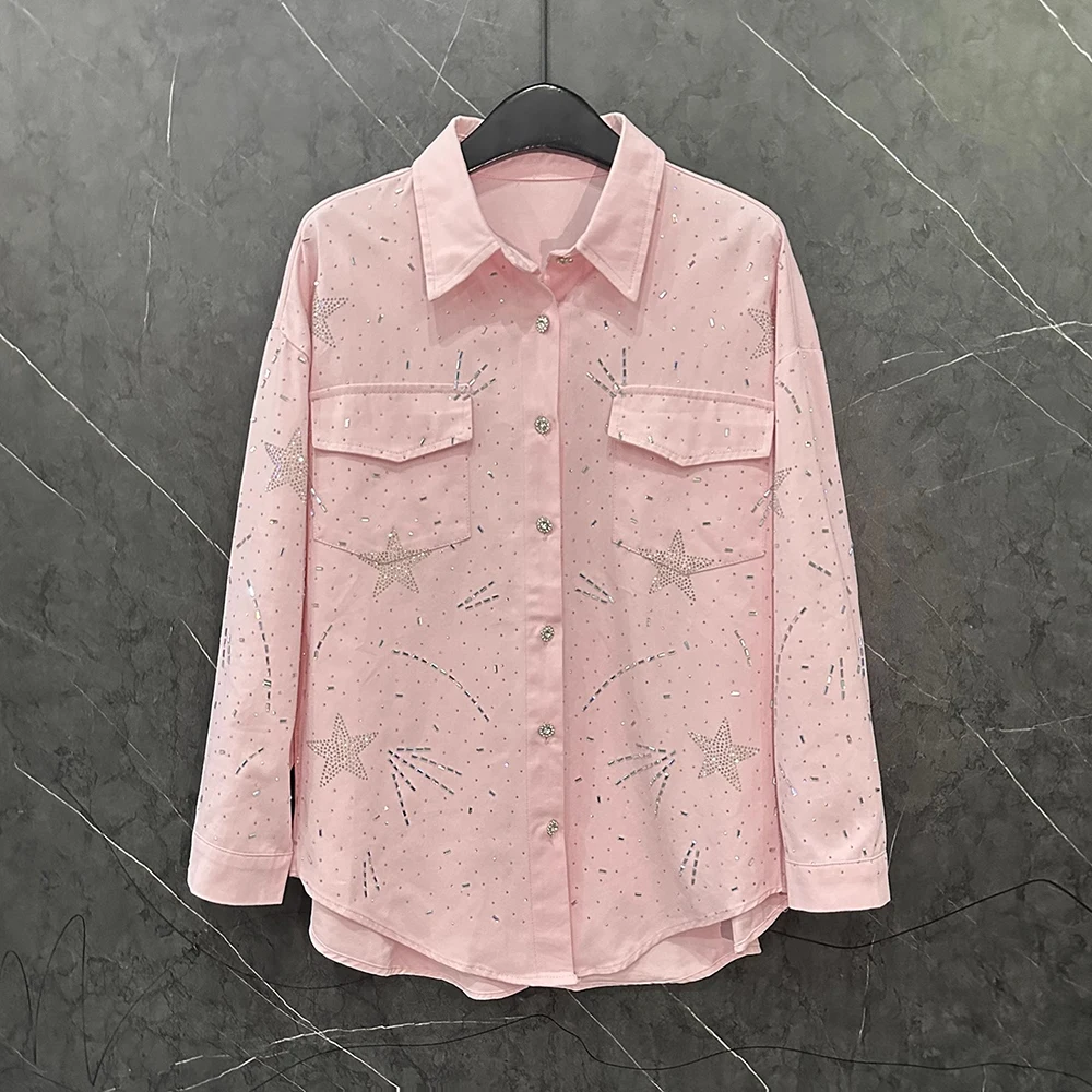 

Plus Size Autumn New Hot Stamping Diamond Star Long Sleeved Denim Shirt Jacket Women Pink Denim Casual