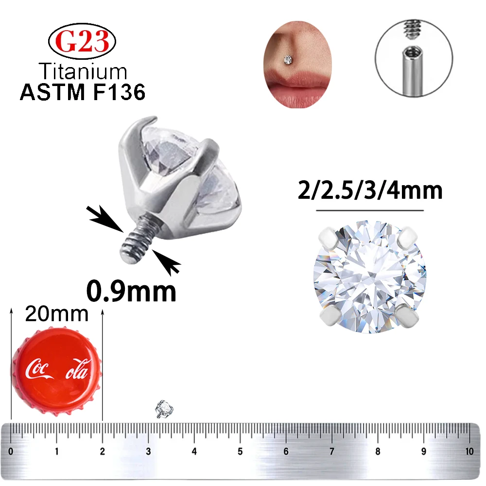 10/50pcs G23 Titanium Crystal zircon Microdermal Piercing Labret Lip Stud  Dermal Anchor Top Internally Thread Ends Body Jewelry