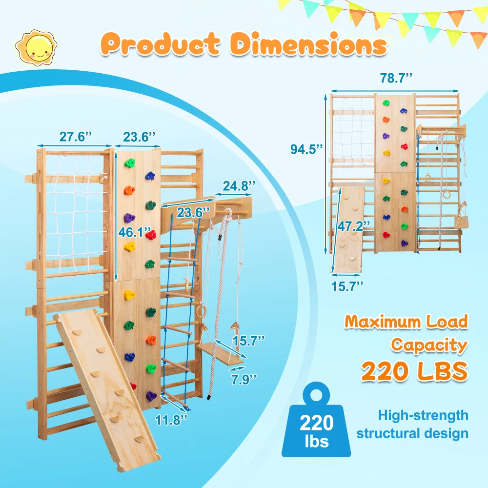 10‑In‑1 All‑In‑One Indoor Kids Climbing Set Home Fitness Playground With Rock Climbing Wall Wooden Swings Gymnastic Rings Rope Ladder And Stretching Equipment For Children Physical Training