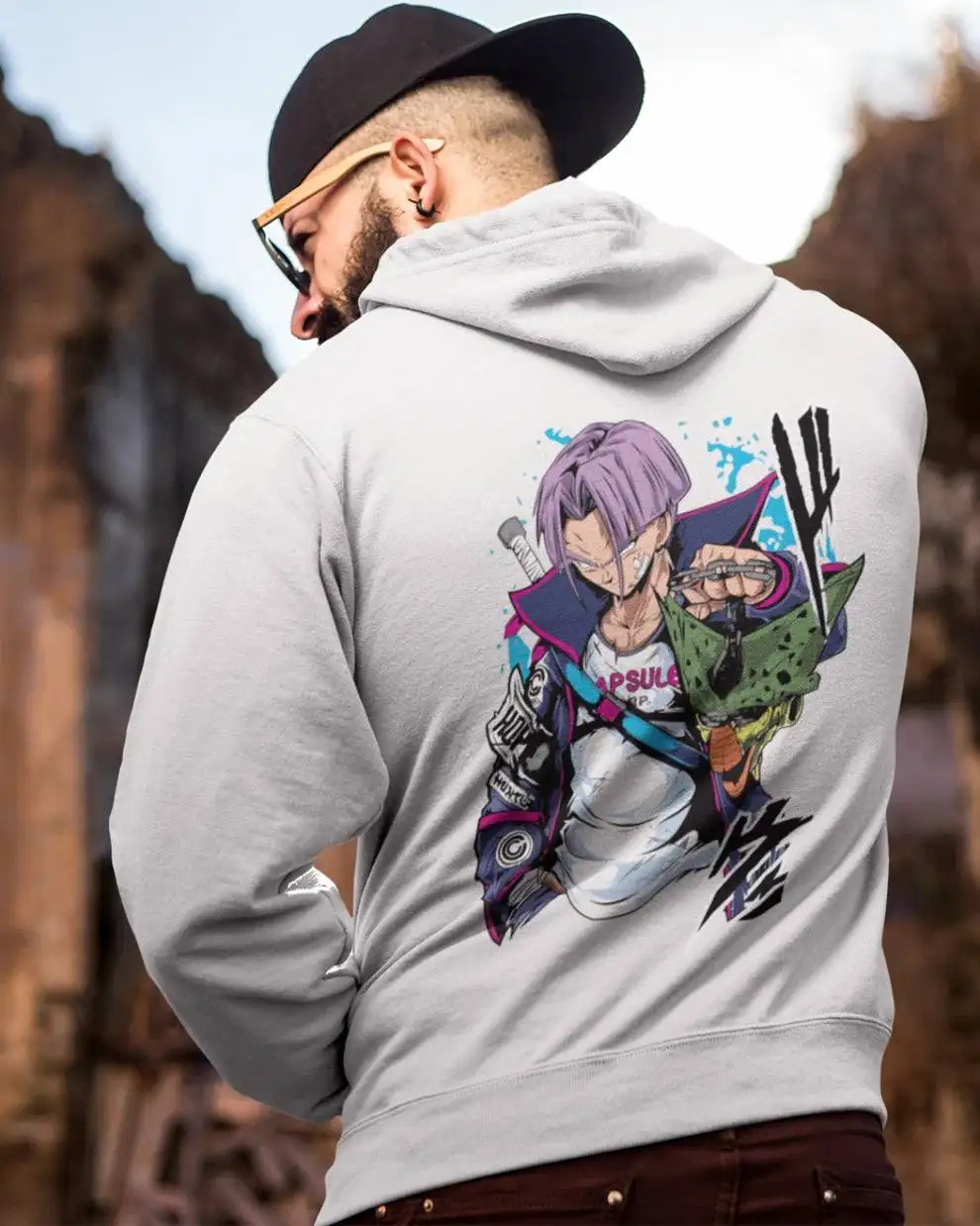 Dragon ball hoodie masculino vegeta cápsula corp impressão algodão streetwear pulôver solto ajuste unisex anime design gráfico cabelo roxo