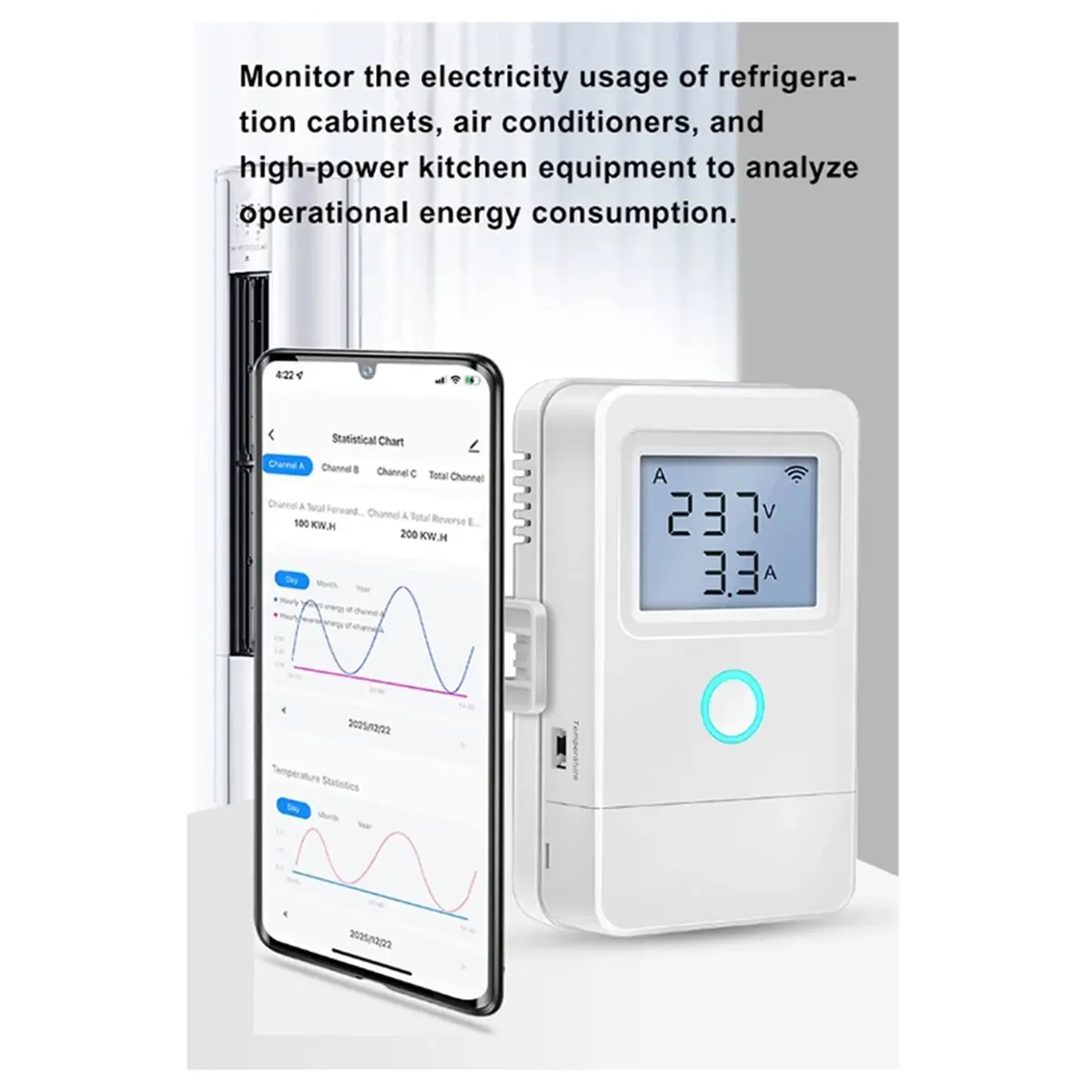 DT81 Tuya Smart WiFi Energy Monitor with LCD Display, over-Temperature Alarm, and CTs for Solar Power Systems A