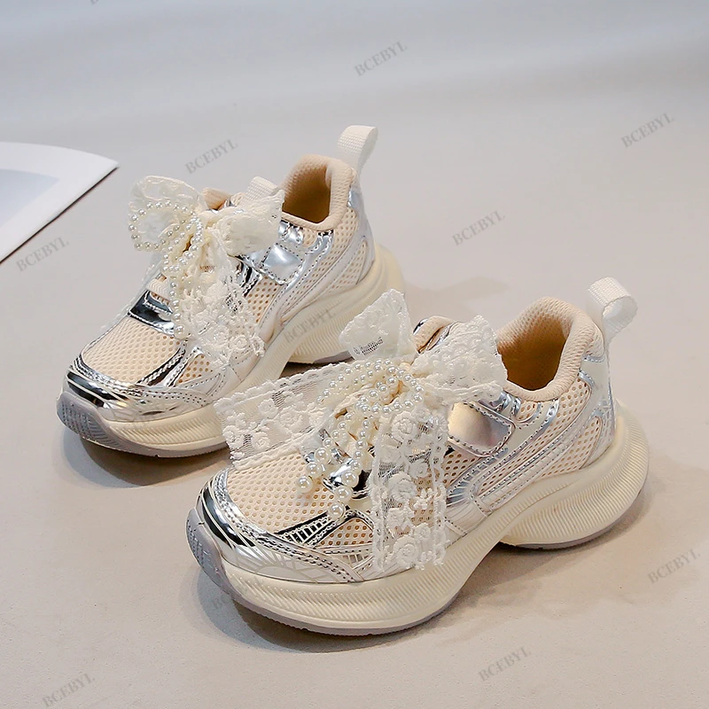 Baby Hot Sale Spring/Autumn Fashion Breathable Thick Sole Bow Beaded Sport Shoes Soft Walking Sports Casual Kid Vulcanized Shoes