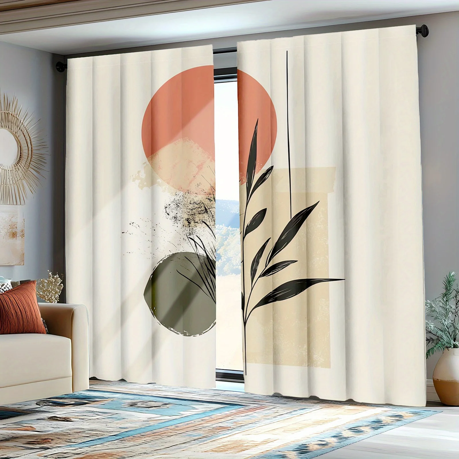 2pcs Mid Century Modern Plant Leaves Curtains, Abstract Vintage Art 3D Printed Blackout Drapes