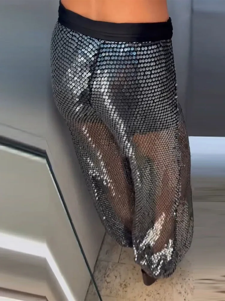 ترتر شفاف للحفلات سراويل فضفاضة للنساء عالية الخصر واسعة الساق مسائية لامعة أنيقة سراويل نسائية 2025 ثوب جديد سراويل الشارع