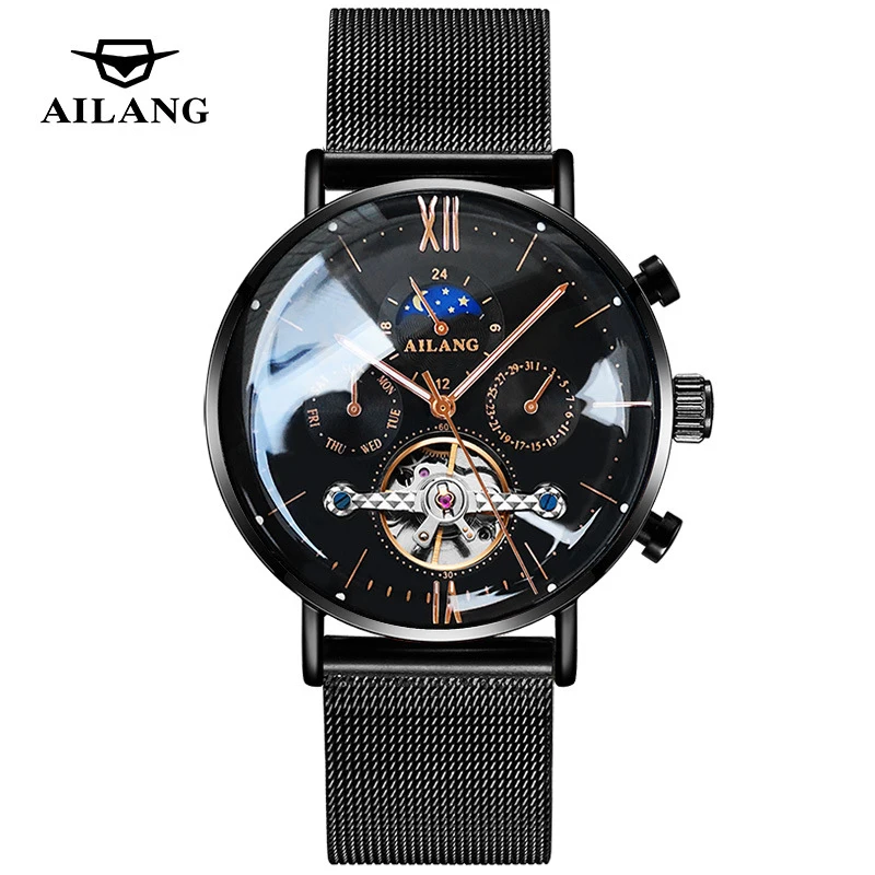 

AILANG мужские лучшие брендовые роскошные механические часы водостойкие сетчатые часы из нержавеющей стали с календарем недели модные мужские часы с турбийоном