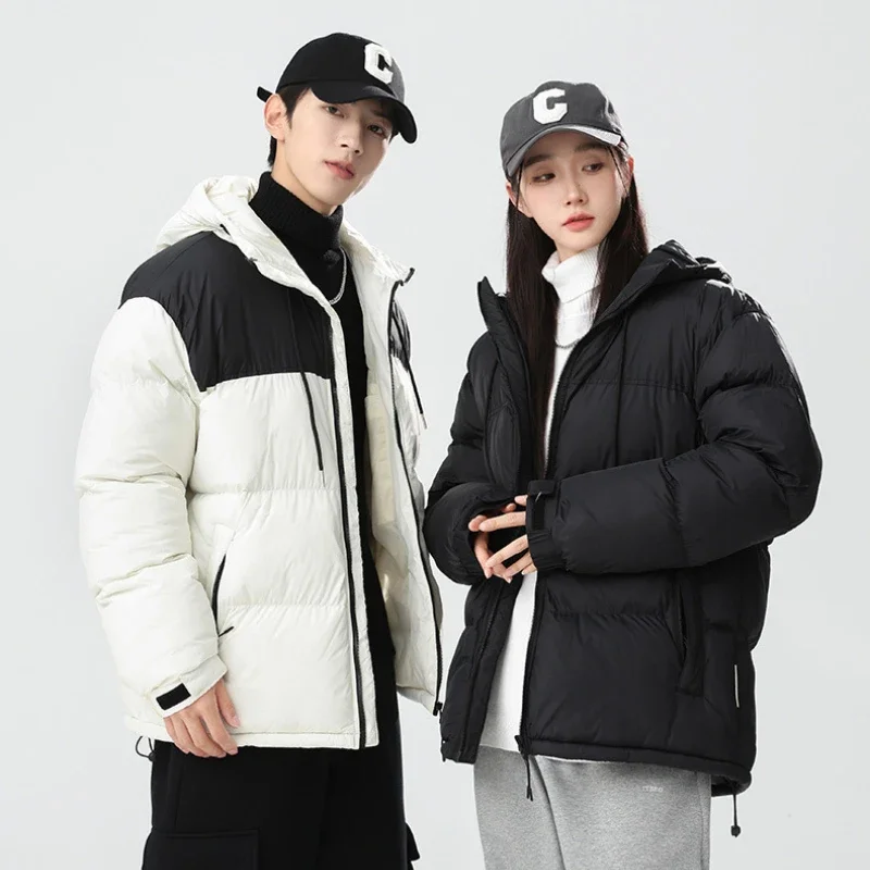 2024 Winter New Couple Patchwork Hooded Parkas Cotton Jacket Men Women Casual Bread Clothing Thickened Padded Cotton Warm