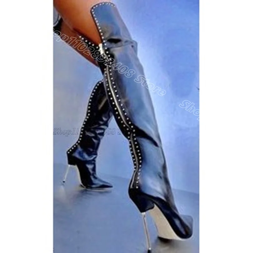 

Black Rivet Decor Over Knee Boots Pointed Toe Metal Heels British Style Party New Fashion Women Shoes 2024 Zapatos Para Mujere