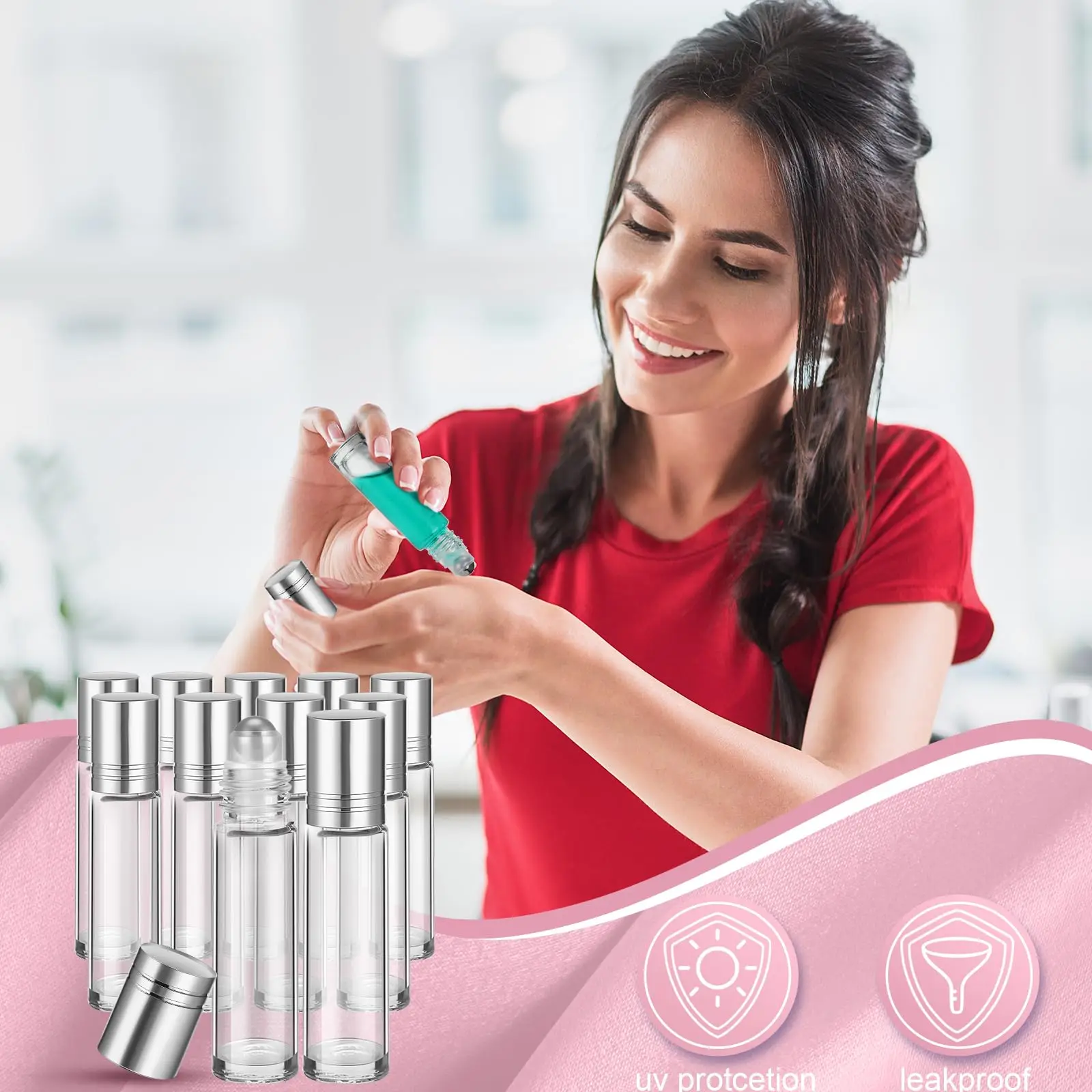 12Pcs Leakproof Glass Roller Bottles 10ml Silver Refillable Bottle Empty Roll-on Bottles for Essential Oils/Eye Essence/Perfume