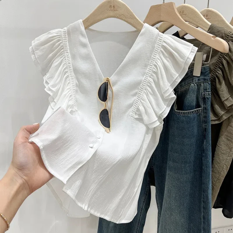 Pleated Sleeveless Button Blouse Summer New Solid Color V Neck Loose Youth All-match Shirt Tops Vintage Fashion Women Clothing