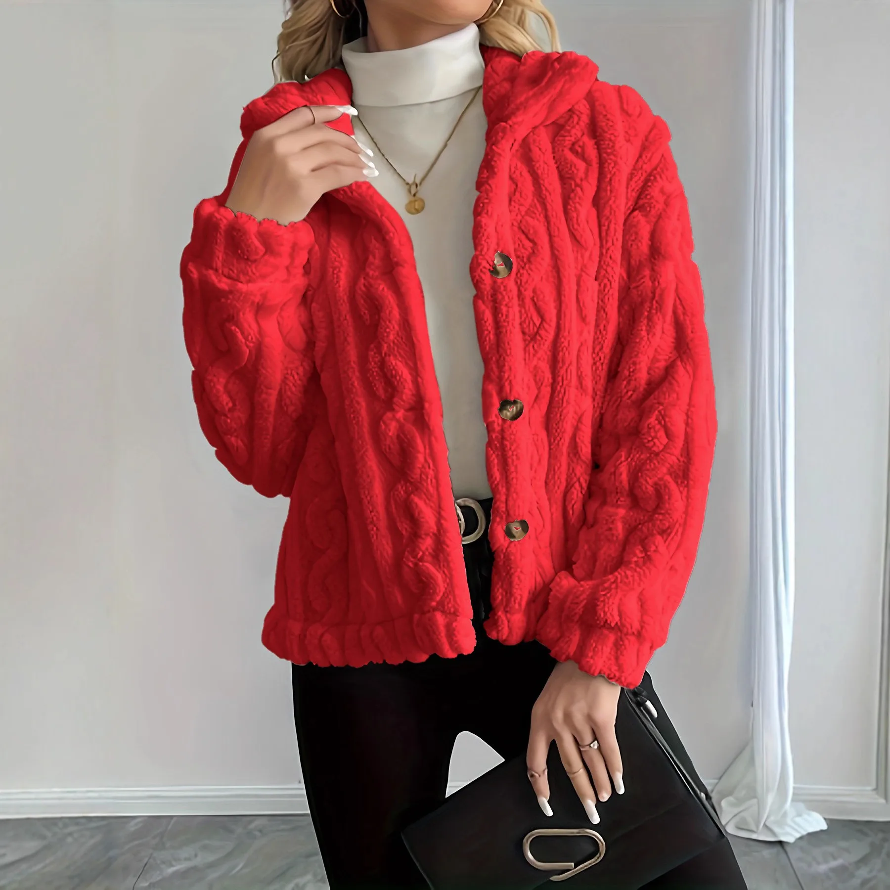 Thick Long Sleeve Coat Regular Fit Graceful Commuter with Elegant Single Breasted Multi Button Wrinkle Finish Women Jacket