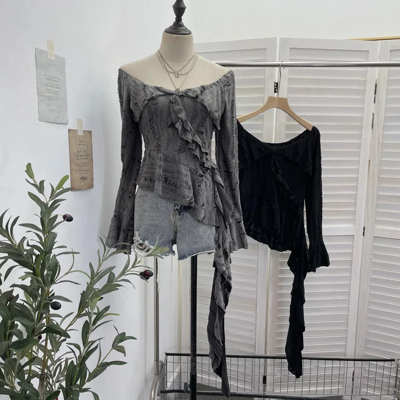 Y2k Aesthetic Hole Irregular Ruffled T-shirt Women Harajuku Slash Neck Sexy Crop Tshirts Streetwear Grunge Slim Fit Fairy Tees