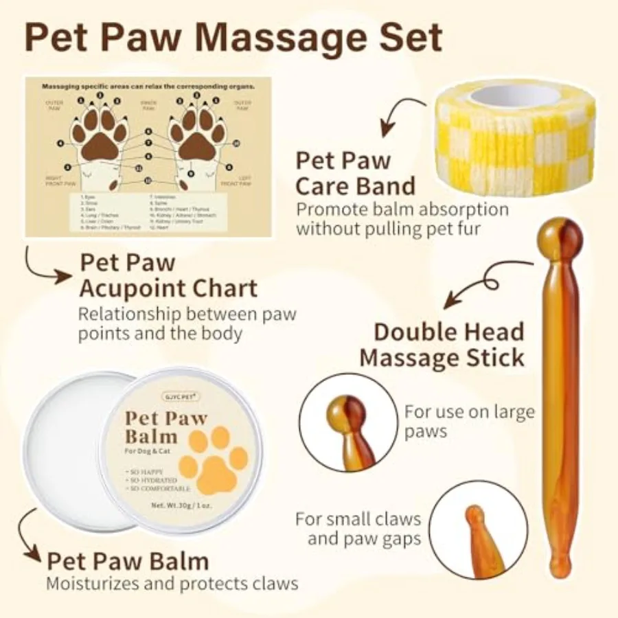 Kit de Massage des pattes de chien 4 en 1, avec baume naturel des pattes et bâton d'acupression, Support de santé des articulations pour chiens et chats âgés, améliore le Mobil