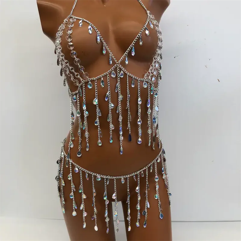 Damen Strass-Körperkette 2-teiliges Set Geometrischer Acryl-Kristall-Quasten-Neckholder-Bralette Sexy Rückenfreies Halloween-Top – Detail 4