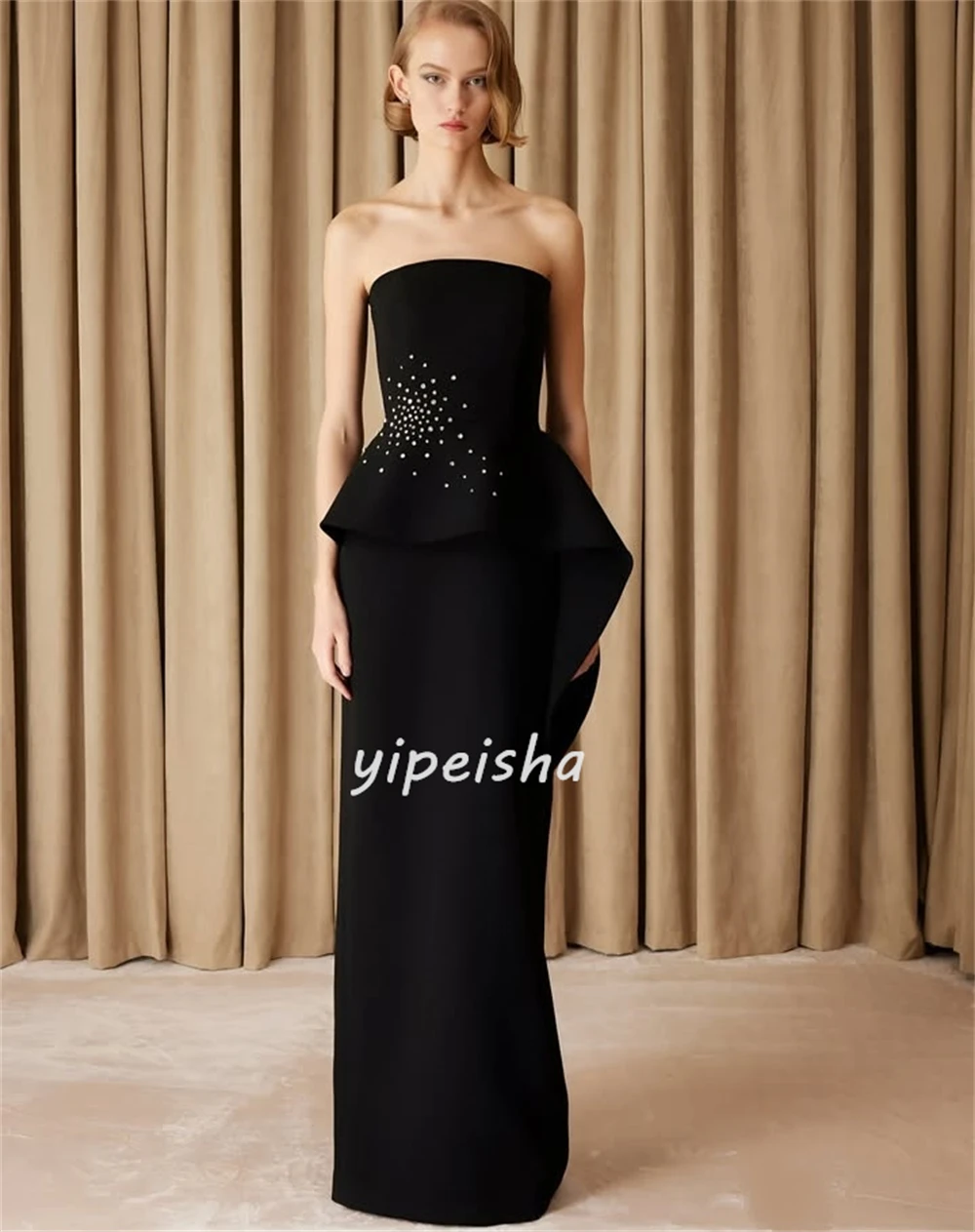 Customized Modern Style Fashion Jersey Rhinestone Ruched Straight Strapless Long Dresses Evening Dresses Matching High Quality