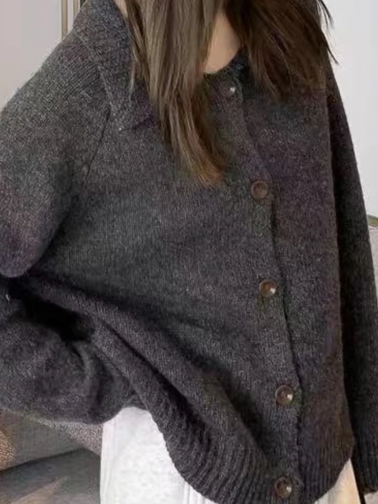 

Осенний винтажный корейский модный вязаный мягкий свитер, пальто, женский свободный крой, кардиган с длинными рукавами и лацканами, повседневные элегантные шикарные топы в стиле ретро