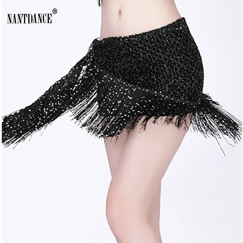 Practice Dance Hip Scarf For Women Mesh Dangling Belly Dance Belt Hip Skirt Scarf Tassels Bling Sequins Wrap