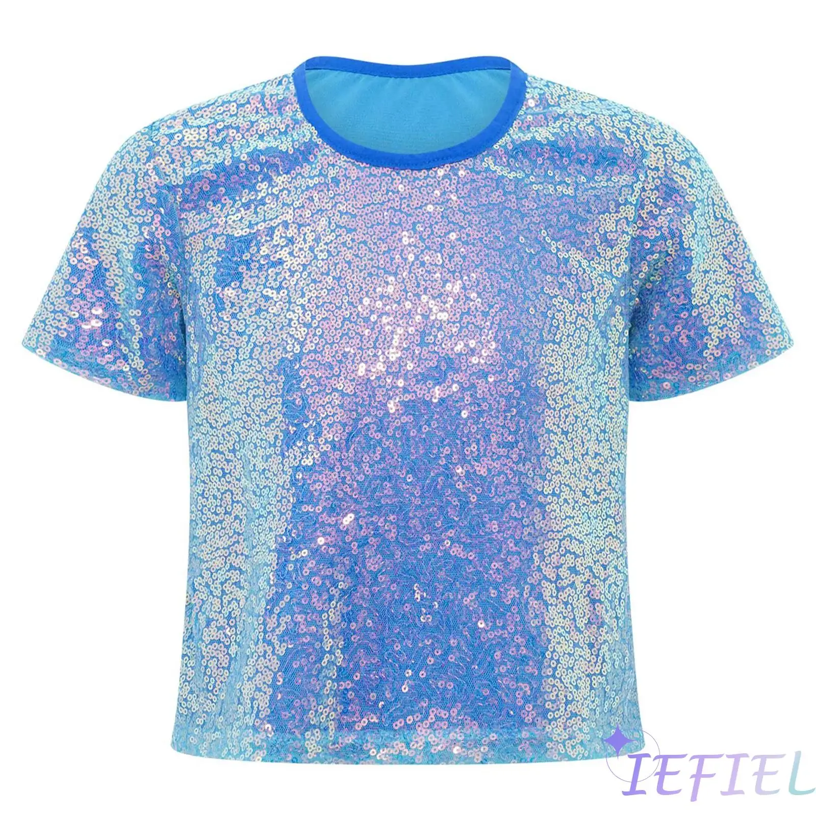

Kids Girls Round Neck Short Sleeves Shiny Sequins T-shirt for Cheerleading Dance Jazz Stage Performance Party Dancewear