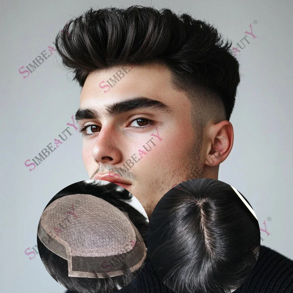 

Натуральный черный парик-накладка из европейских человеческих волос с шелковым верхом и кружевной передней частью для мужчин, дышащий капиллярный протез для замещения волос