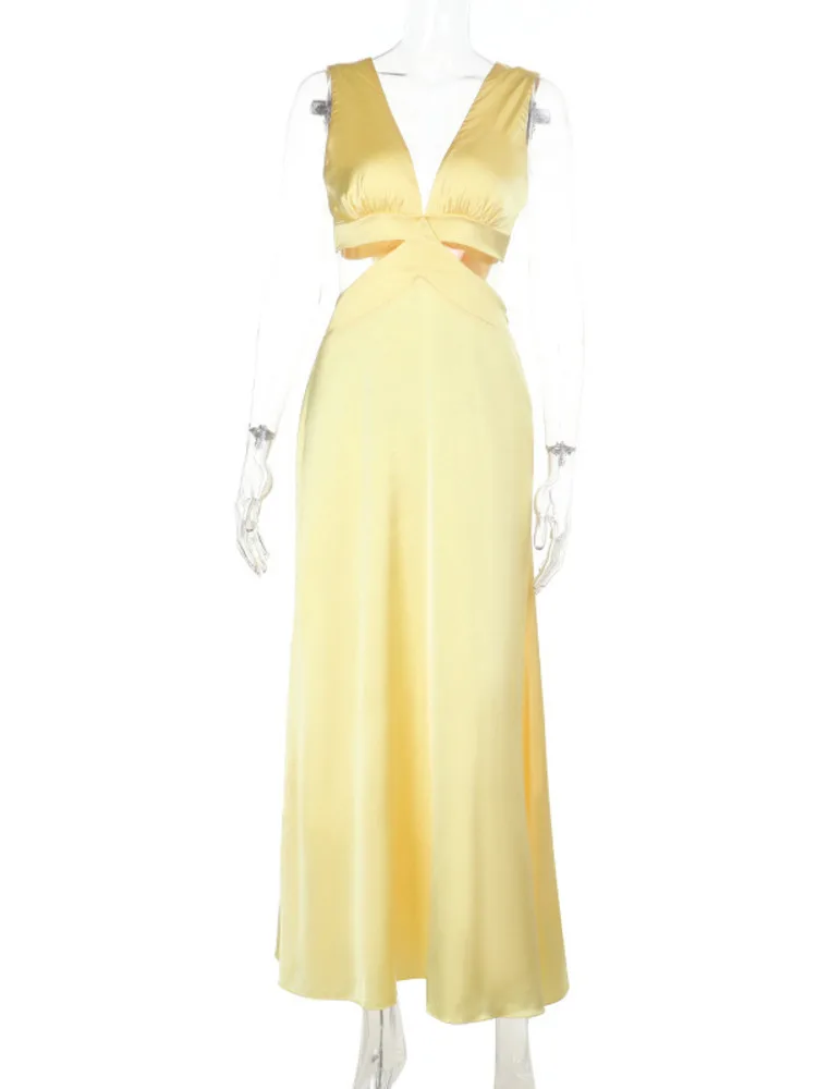 Articat elegante cetim sem mangas oco para fora vestido feminino novo sexy vestido longo hip envolto profundo v festa vestido de noite férias praia