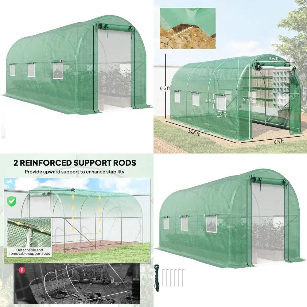 

Green Walk-in Hoop House Greenhouse, 14.6x6.5x6.6 ft, 2 Rods, Zippered Door, Mesh Windows