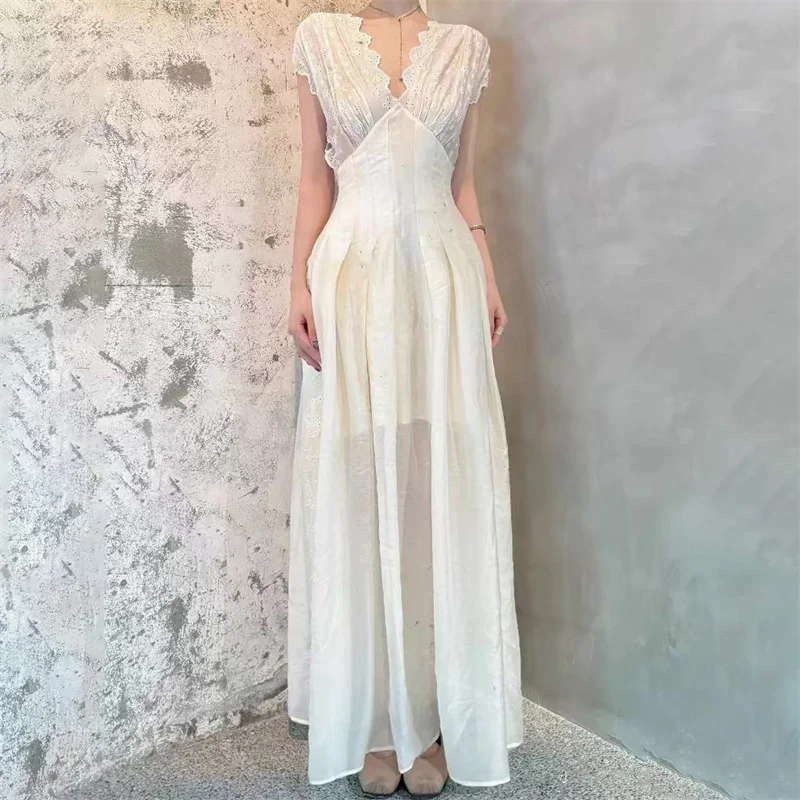 

Women's dress New waist cinching slim V-neck long dresses for summer 2025 Flower embroidery midi dresses casual vacation dress