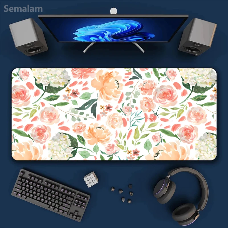 

Large Watercolor Floral Table Mat Gaming Mouse Mat Keyboard Case Soft Pink Colorful Flower Design Non-Slip Desk Pad for Office