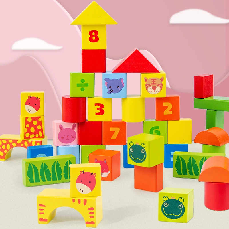 Wooden Building Blocks Set Smart Early Learning Brain Teaser for Boys Girls Toddler Kids Enlightenment Assembled Building Blocks