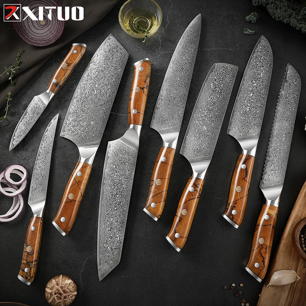 XITUO 8-Piece Damascus Kitchen Knife Set 67-Layer Japanese VG10 Steel Chef's Knife, Cleaver Knife, Bread Knife, Santoku Knife