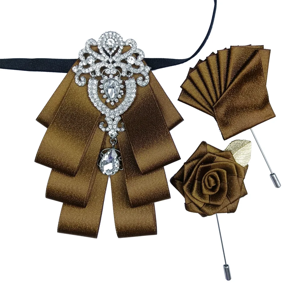 3 Stück/Set britisches Herren-Hochzeitsfliege-Set, Strass-Corsage, Einstecktuch, elegante Business-Bankett-Accessoires, Hemd – Detail 1