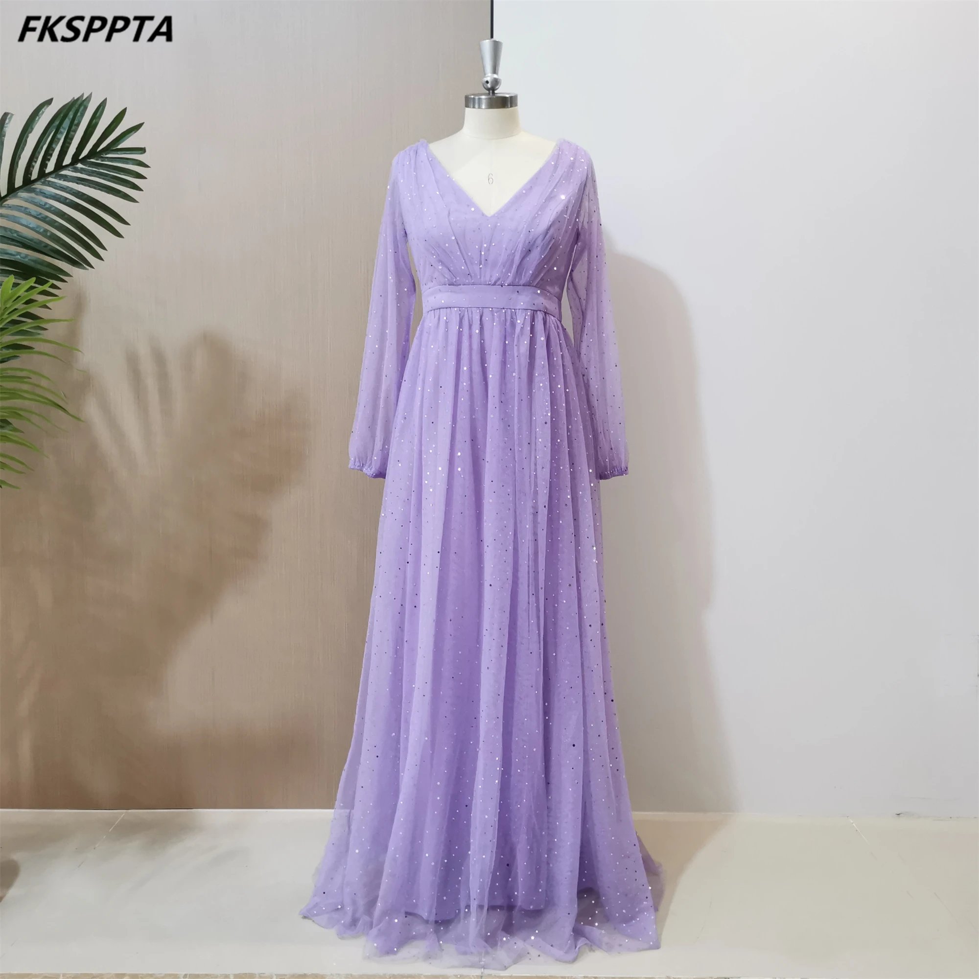 Lovely Lavender Long Evening Dress 2024 Bling Sequin Tulle A Line Full Sleeves Women Formal Gowns For Wedding Party In Stock