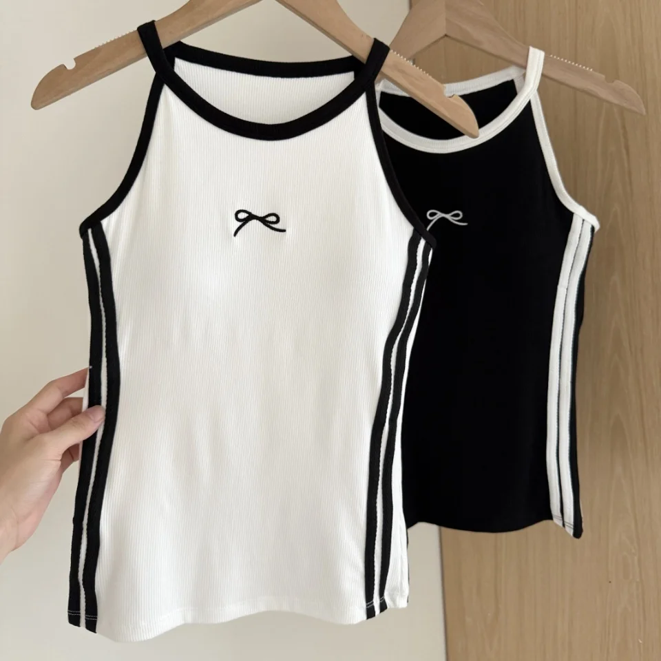 Summer New Sweet Style  Knot Splice Color  Short Slim Fit Women's Vest Integrated Chest Pad Versatile Nylon Fabric