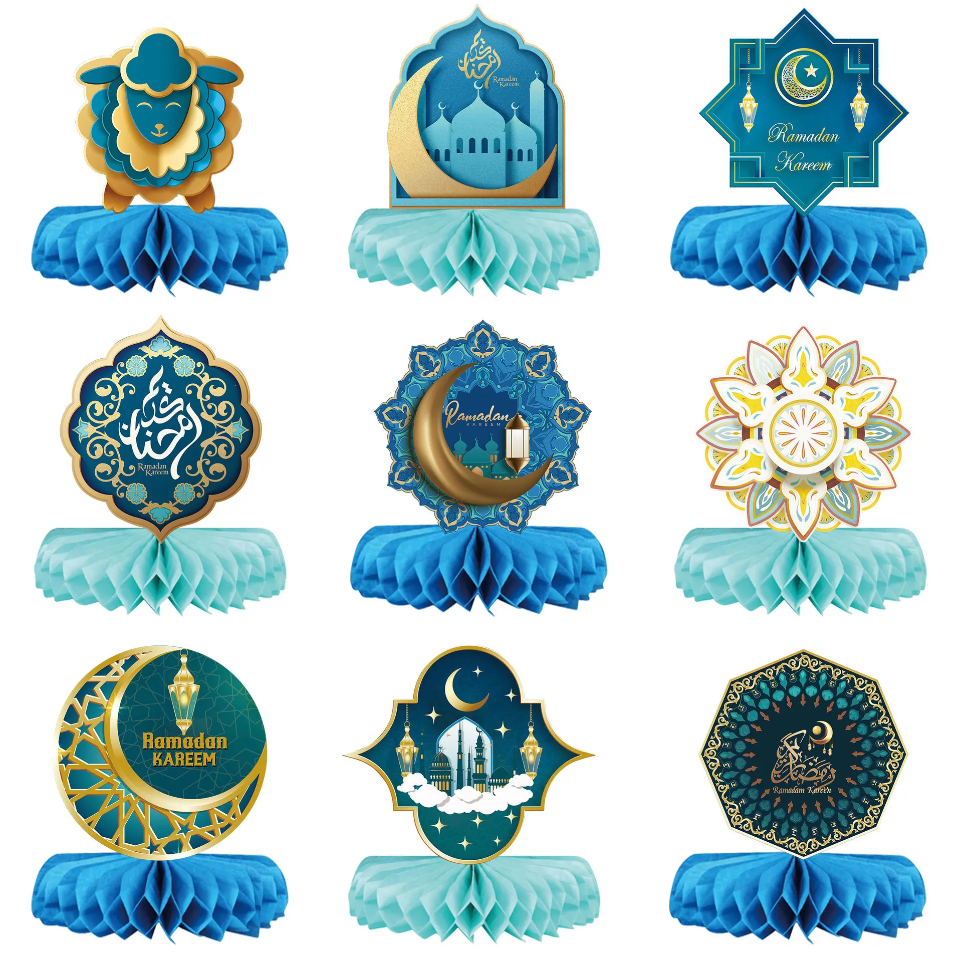 9pcs Blue Eid Moon Star Honeycomb Paper Fan Happy Eid Mubarak Party Decor Ramadan Kareem Islamic Muslim Ramadan Eid AL Adha