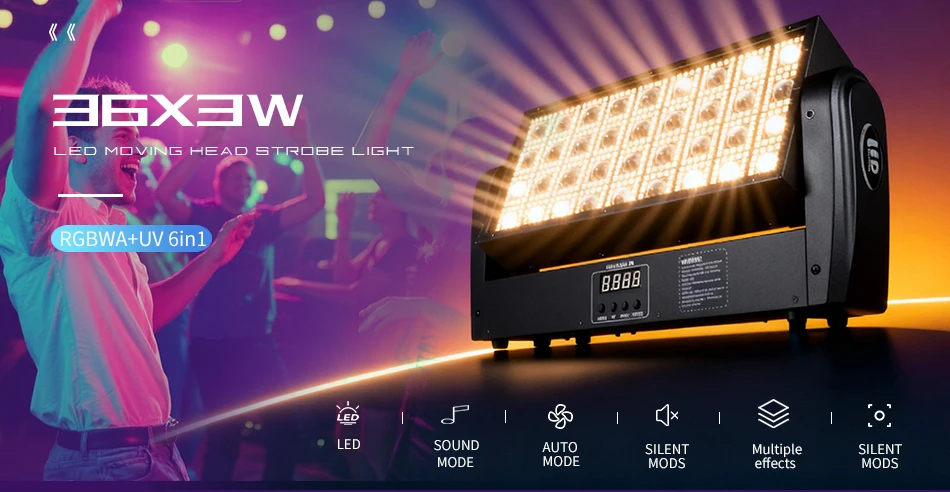 36 LEDs Stroboskop-Strahllichter, Farbmischung, Bühnenbeleuchtung, 200W Effektprojektor, Lauflichter, Washer-Licht für DJ- und Disco-Partys – Detail 1