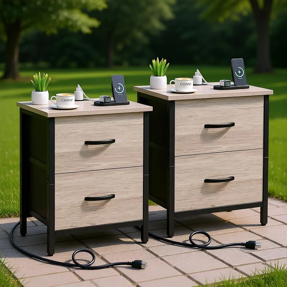 

2-Piece Nightstand Set with Charging Station, Power Outlet & USB Ports, Fabric Drawers for Bedroom or Living Room, Greige