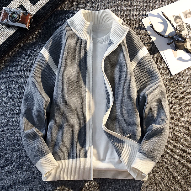 

Мужской вязаный кардиган на весну-осень, повседневная верхняя одежда с воротником-стойкой, удобный дышащий свитер с длинными рукавами