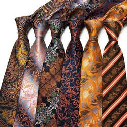 Luxury 8CM Mens Necktie Floral Paisley Ties For Man Groom Groomsman Jacquard Woven Gold Orange Color Neck Tie Business Party