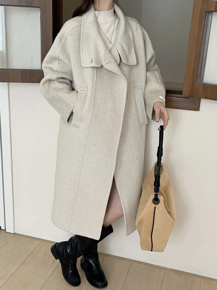 ZMEENNA Damen-Wintermantel, elegant, Wollmischung, schick, Stehkragen, übergroß, lange Jacke, warme Oberbekleidung, beige Strickjacke ZM3741