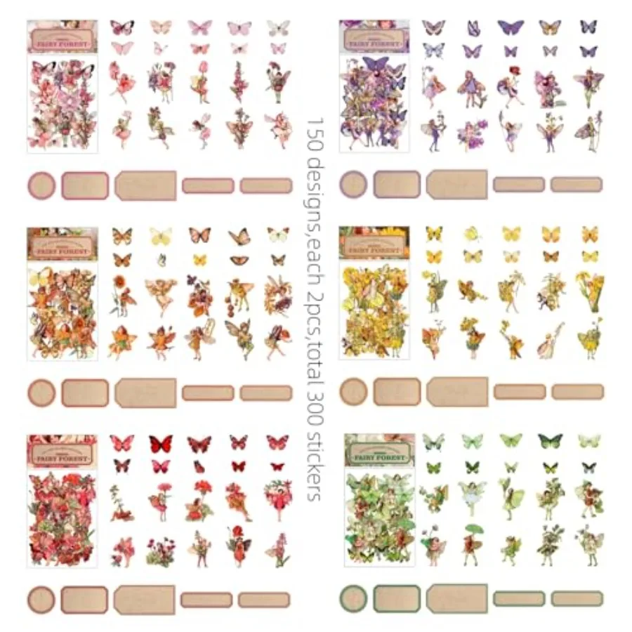 Vintage Flower Fairy Stickers 300Pcs Lot, 6 Packs Butterfly Fantasy Transparent Sticker for Scrapbooking Junk Journaling Paper