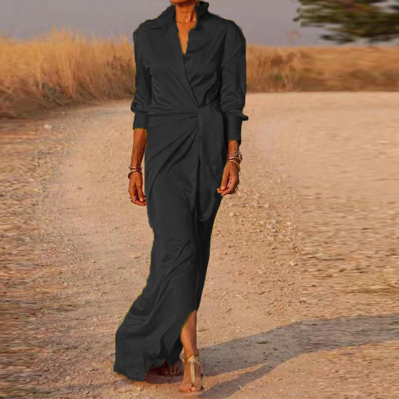 Maxi Dress Women Turn Down Collar High Waist Long Sleeve Party Dress Boho Shirt Dresses For Women Elegant Robes Plus Size
