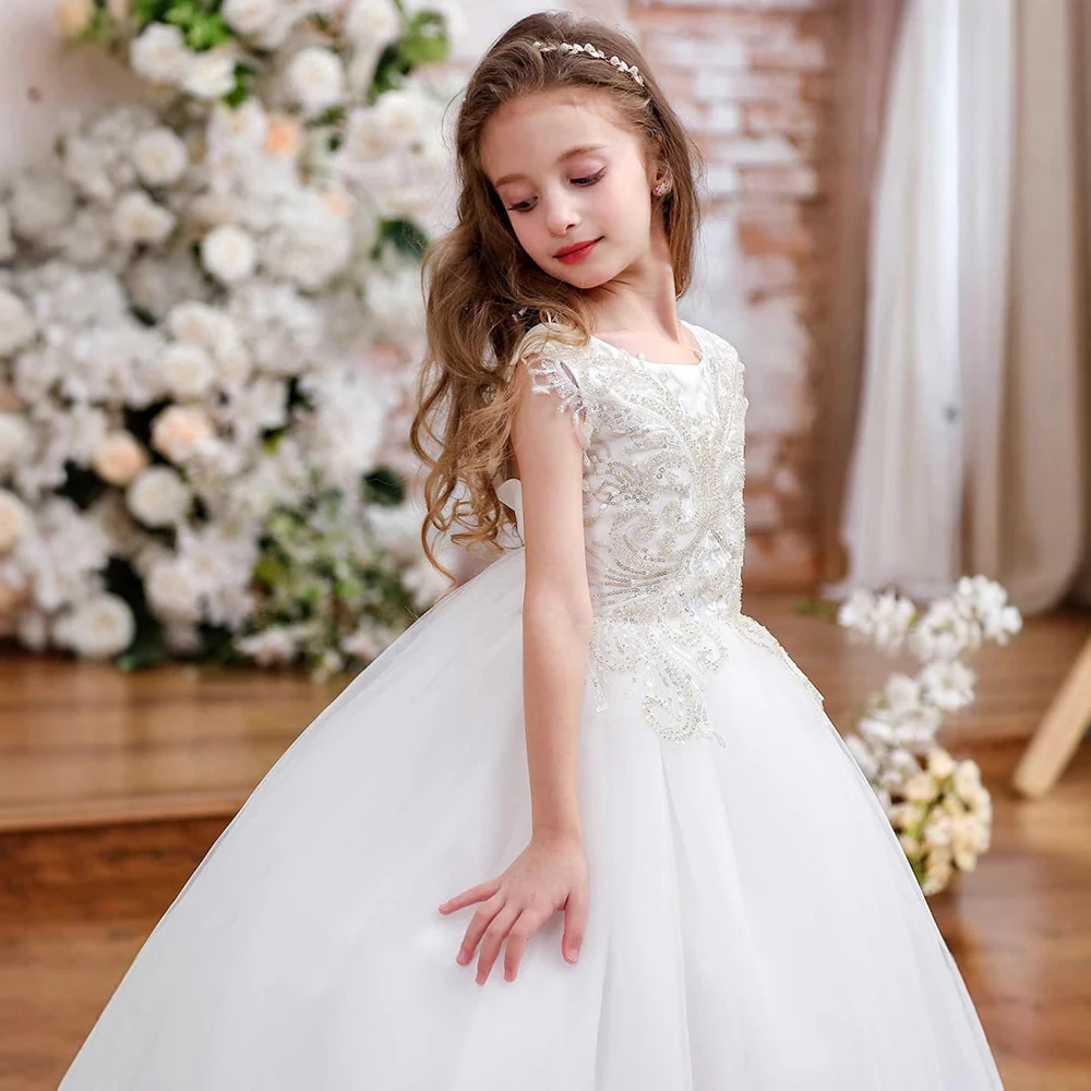 Customized Glitter Sequin Beaded Appliqued Tulle Flower Girl Dresses Bridesmaid Dress Birthday Party Dress Wedding Pageant Gowns