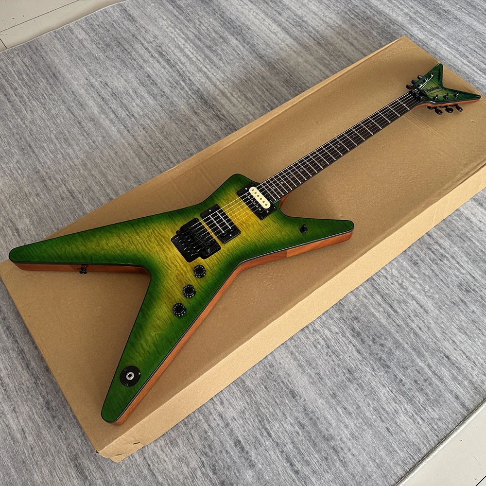 Guitarra eléctrica Dime de alta calidad, guitarra eléctrica con forma de horquilla grande washburn, sistema vibrato de doble vibración, tapa de arce flameado