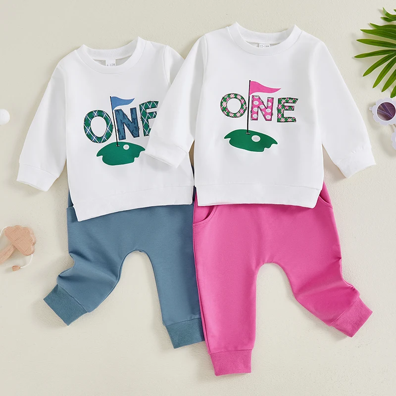 

2024-05-31 Lioraitiin Baby 2 Piece Birthday Outfit Golf Letter Print Long Sleeve Sweatshirt and Elastic Pants Set for Fall