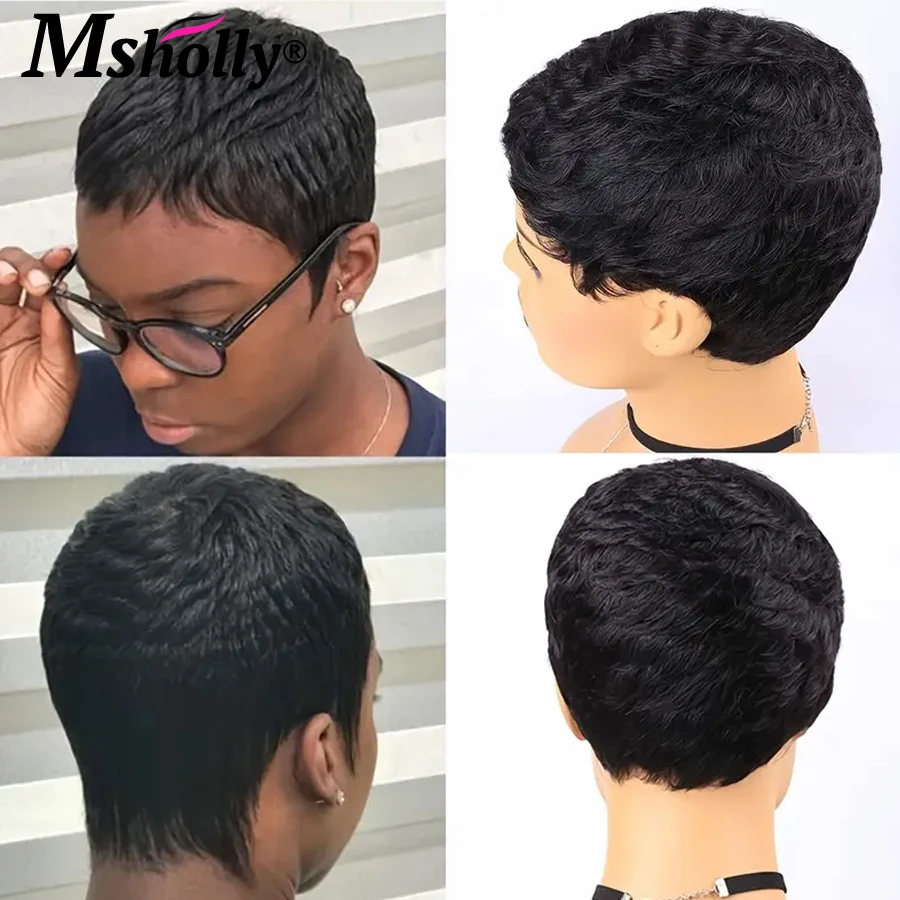 Peruca Remy brasileira corte Pixie para mulheres negras, peruca curta pré-arrancada, densidade de 180%, máquina completa, perucas de cabelo humano