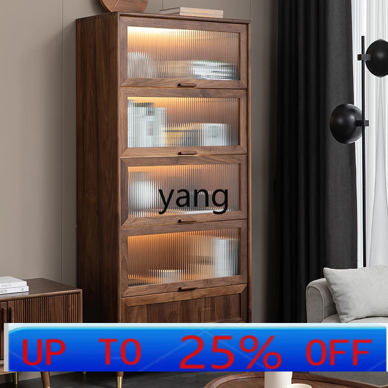 

LTT Modern Light Luxury Black Walnut TV Side Cabinet Living Room Wall Flip Door Display Cabinet